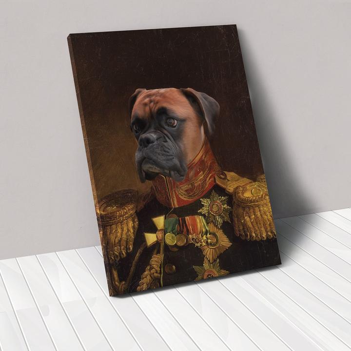 Royal-style canvas portrait of a dog dressed as a general